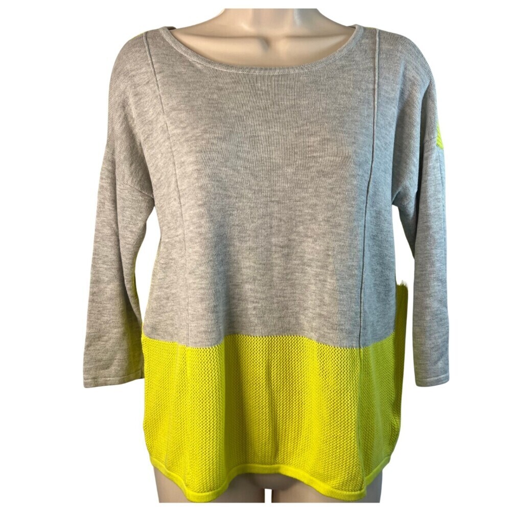 ANA Neon Yellow Mesh & Gray Colorblock 3/4‎ Sleeve Soft Sweater Sz SM